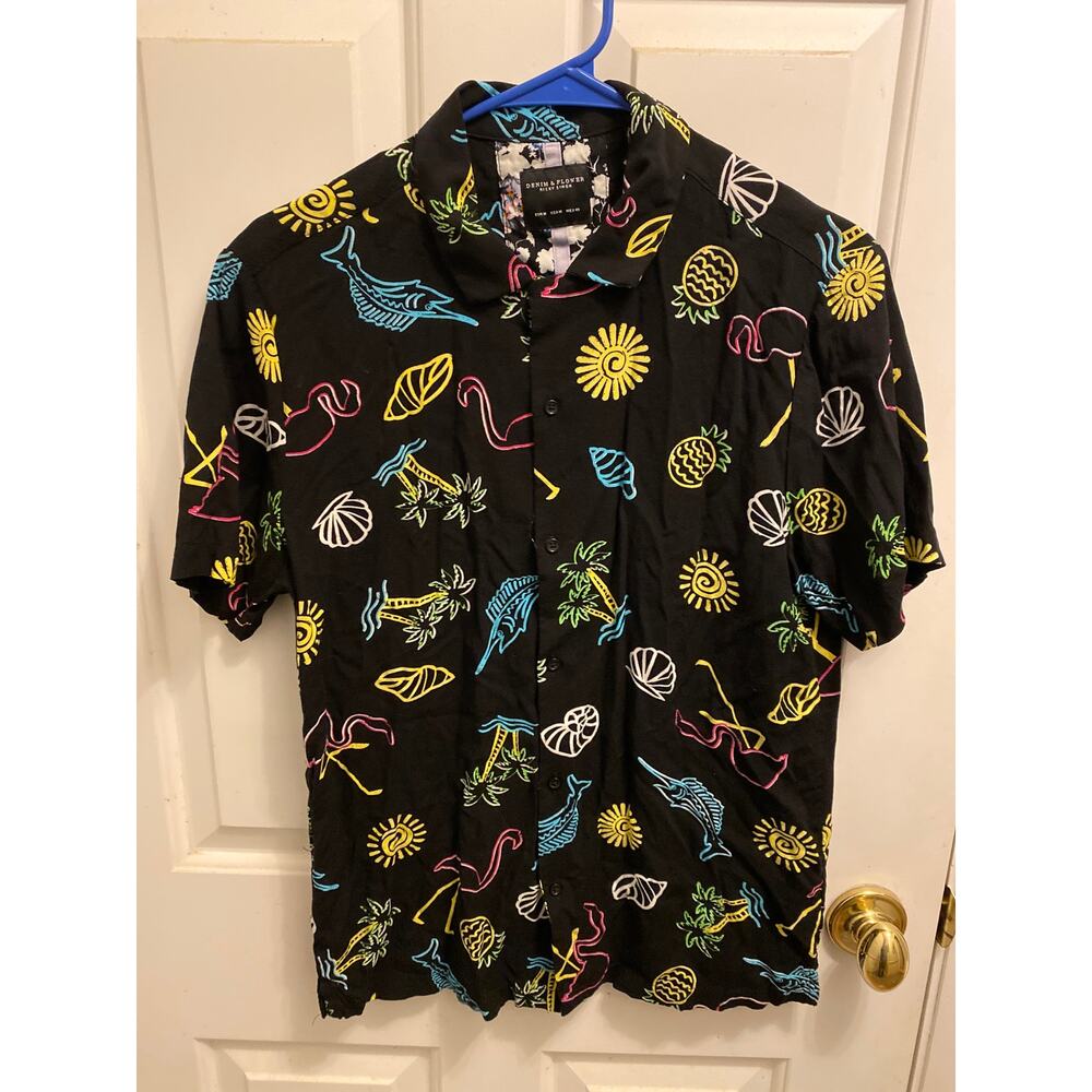 Denim Flower Ricky Singh Mens Size Medium Black Tropical Print Button Down Shirt